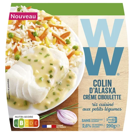 Plat Cuisiné Colin d'Alaska Crème Ciboulette, Riz et Petits Légumes
