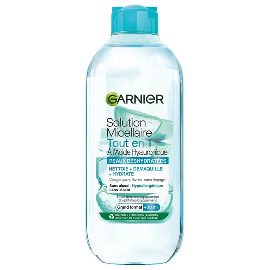 Eau micellaire Visage Yeux Lèvres Peaux Déshydratées Sensibles Tout En 1 Nettoie Démaquille Hydrate Repulpe Apaise À L'Acide Hyaluronique Hypoallergénique Skin Active