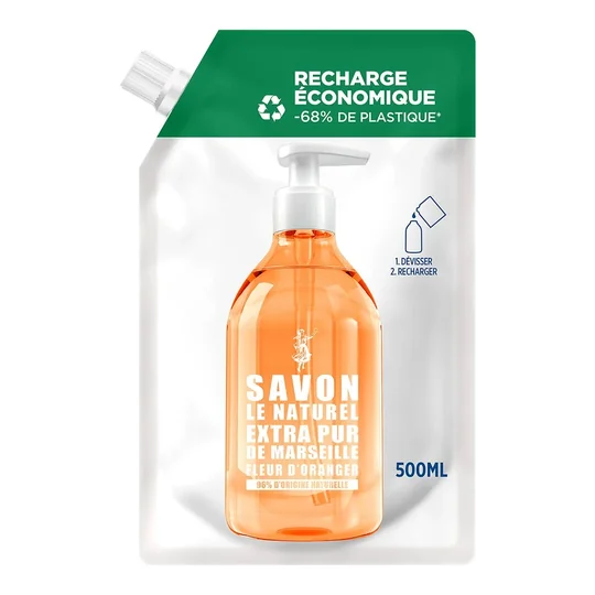Savon Liquide Mains Extra Pur de Marseille Anti-bactérien Origine Naturelle Fleur D'Oranger Éco-recharge