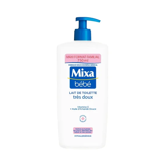 Lait de toilette bébé Nettoie et hydrate Corps et visage à la Vitamine E et à l'Huile d'Amande Douce Très Doux Hypoallergénique Maxi Format Familial