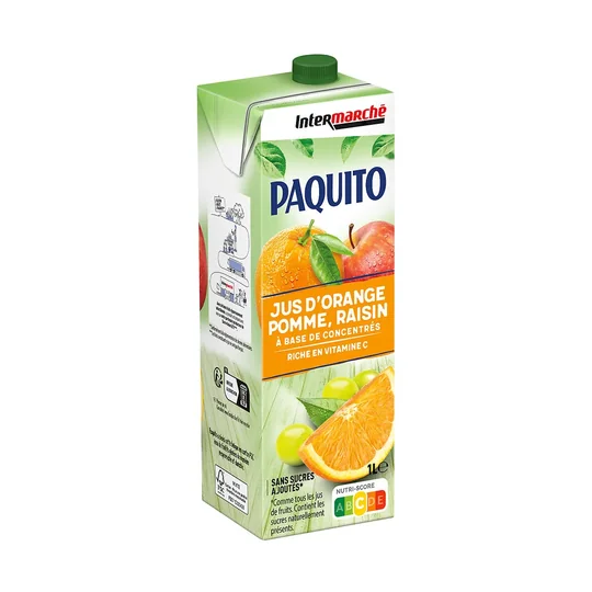 Jus d'orange, pomme, raisin à base de concentrés