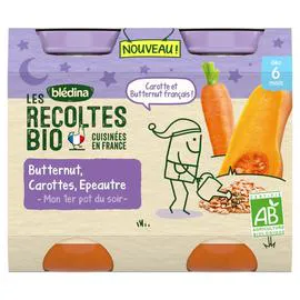 BLÉDINA, LES RECOLTES BIO Petits pots bébé soir butternut carottes épeautre bio - dès 6 mois 2x200g