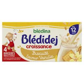 BLÉDINA, BLÉDIDEJ Lait et céréales bébé dès 12 mois biscuité saveur vanille Croissance 4x250ml