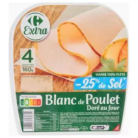 CARREFOUR EXTRA Blanc de poulet réduit en sel 160g