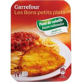 CARREFOUR Plat cuisiné pané de volaille milanaise spaghetti 300g