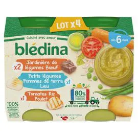 BLÉDINA Petit pot bébé dès 6 mois jardinière de légumes boeuf, légumes pommes de terre lieu et tomates riz poulet 4x200g