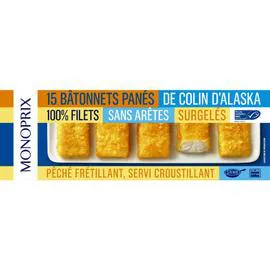 MONOPRIX Bâtonnets panés de colin d'Alaska sans arêtes, 100% filets surgelés 450g