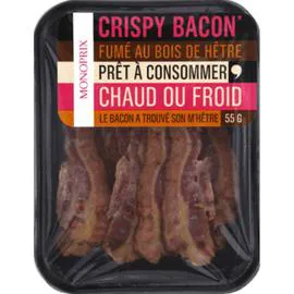 Crispy bacon fumé au bois de hêtre prêt à consommer (55g)