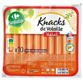 CARREFOUR Knacks de volaille halal fumées 10x35g