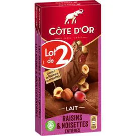 Chocolat au lait noisettes entières et raisins (2x180g)