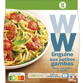 WW, WEIGHT WATCHERS Plat cuisiné Linguine aux petites gambas sauce basilic et courgettes, tomates marinées et riz basmati aux légumes 290g