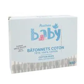 AUCHAN, COSMIA BABY Bâtonnets coton-tiges bébé en papier x60