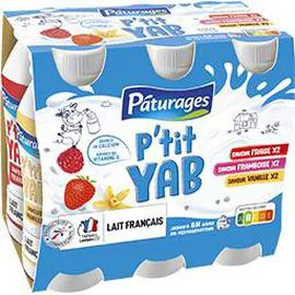 PÂTURAGES P'tit Yab - Yaourt à boire saveurs fraise/framboise/vanille 6x180g