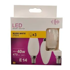 CARREFOUR Ampoule LED E14 Flamme Blanc-chaud 40W X3 x3