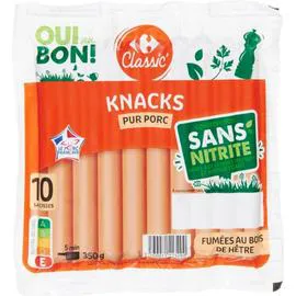 CARREFOUR CLASSIC' Saucisses knacks pur porc fumées Sans Nitrite 10x35g