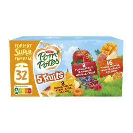 Compotes 5 fruits pomme abricot pêche poire banane, fraise framboise myrtille cerise et goyave mangue ananas passion sans sucres ajoutés (32x90g)