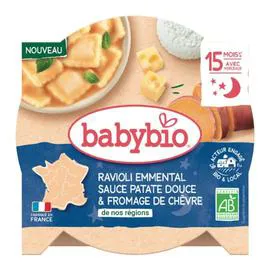 Repas bébé dès 15mois ravioli emmental sauce patate douce et fromage de chèvre bio (190g)