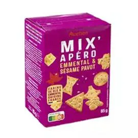 AUCHAN Mix' Apéro assortiment de biscuits saveur emmental sésame pavot 85g