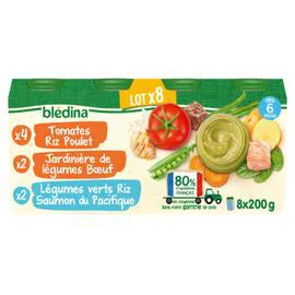 Petit pot bébé dès 6 mois tomates riz poulet, jardinière de légumes boeuf et légumes verts riz saumon (8x200g)