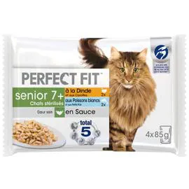 PERFECT FIT Pâtée pour chat senior stérilisé sachets fraîcheur en sauce 2 variétés 4x85g