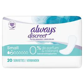 ALWAYS, DISCREET Serviettes pour fuites urinaires 0% Taille small x20