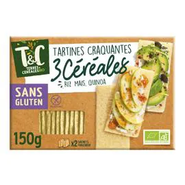 Tartines craquantes 3 céréales (riz, maïs, quinoa) sans gluten Bio (150g)