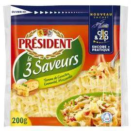 PRÉSIDENT Fromage Râpé : Tomme de Caractére, Emmental,Mozzarella 200g