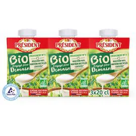 PRÉSIDENT Crème Entière Fluide Bio 30% Mat.Gr. 3x20cl