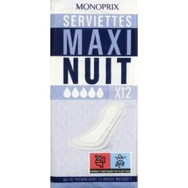 MONOPRIX Serviettes Maxi Nuit x12 l'unité