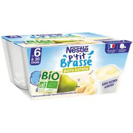 NESTLÉ, P'TIT BRASSÉ Dessert bébé dès 6 mois banane poire bio 4x90g