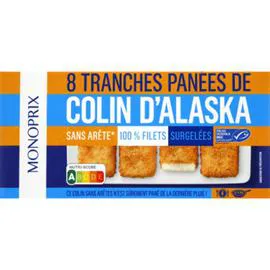 MONOPRIX Tranches panées de colin d Alaska sans arêtes, 100% filets, surgelées 400g