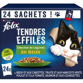 PURINA, FELIX Pâtée pour chat adulte tendres effilés en gelée avec légumes 24x85g