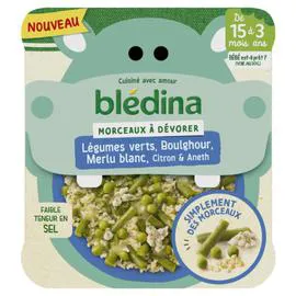 Plat bébé dès 15 mois morceaux de légumes verts boulghour merlu blanc citron et aneth (200g)