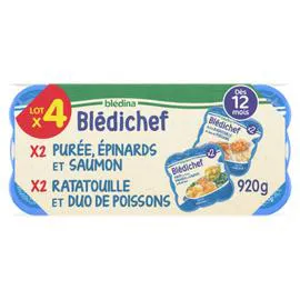 BLÉDINA, BLÉDICHEF Plat bébé dès 12 mois purée épinards saumon et ratatouille duo de poissons 4x230g