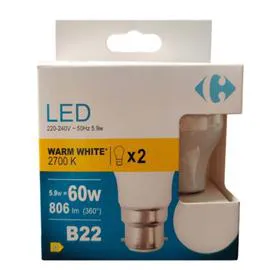CARREFOUR Ampoule LED Spérique 60W B22 x2