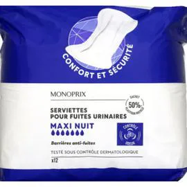 MONOPRIX Serviettes Pour Fuites Urinaires Maxi Nuit Avec Barrières Anti Fuites X12 l'unité