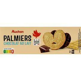 AUCHAN Palmiers biscuits feuilletés nappés au chocolat au lait, sachets fraîcheur 110g