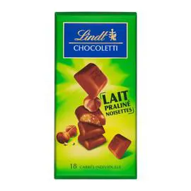 LINDT, CHOCOLETTI Chocolat Lait Praliné Noisettes 100g