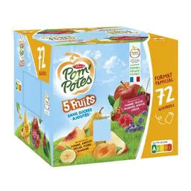Compotes 5 fruits pomme abricot pêche poire banane et fraise framboise myrtille cerise sans sucres ajoutés (72x90g)