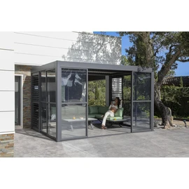 Lot pergola bioclimatique 4x3 Lilas + 8 portes en verre trempé + 2 persiennes en alu