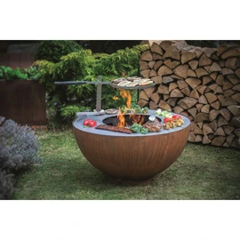 Brasero boule avec grille et plancha - métal oxydé - 100x100x50 cm