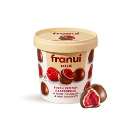 Framboises glacées enrobées de chocolat blanc et chocolat au lait (150g)