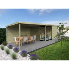 Abri de jardin en bois 28mm TAVIRA 11,67 m2 avec terrasse et baie coulissante
