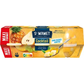 Coupelles cocktail de fruits pêche poire ananas raisin au sirop sans sucres ajoutés (6x113g)