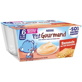 P'tit gourmand Petit pot dessert à la semoule au lait biscuité dès 6 mois (4x100g)