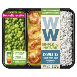 Plat Cuisiné Crevettes Sauce Curry Coco Riz Basmati et Petits Pois (300g)