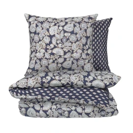 Parure de lit 260x240 cm Mumbai Bleu Marine Imprimé 100% Coton Bio Housse de Couette + 2 Taies d'Oreiller 65x65 cm