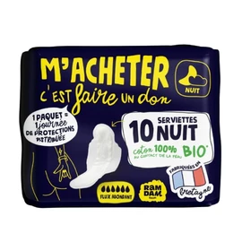 Serviettes Hygiéniques avec Ailettes Nuit Flux Abondant 100% Coton Bio (x10)